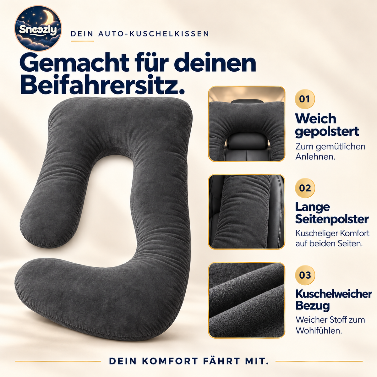 Snoozly – Dein Auto-Kuschelkissen aus Samt